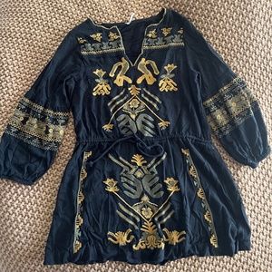 Free People Anouk Mini Dress Size XS Embroidered Tiered Black Gold Olive
